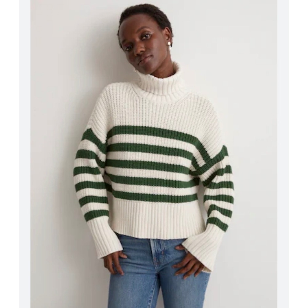 Madewell Womens Wide Ribbed Striped Turtleneck Sweater‎ Small Ivory Green